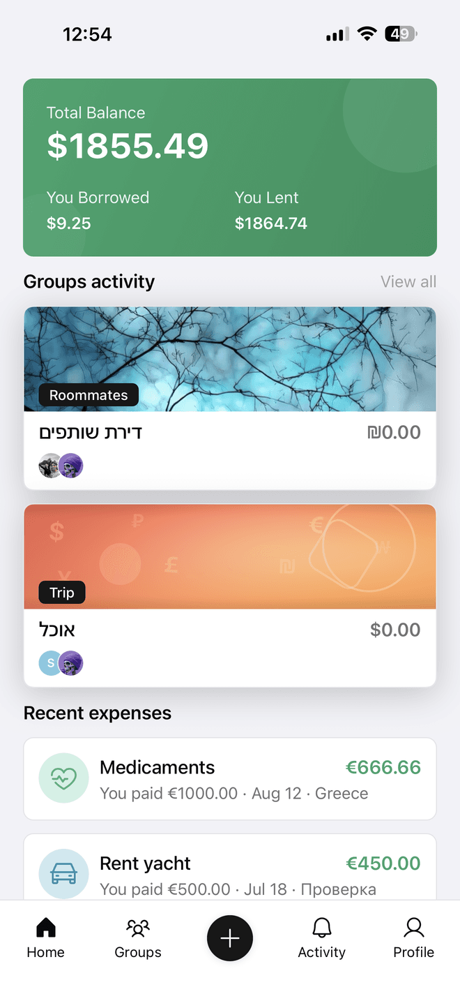 Ceru home screen: total balance, groups and recent expenses